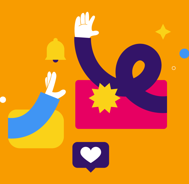 illustration of two people high-fiving with notification symbols surrounding them